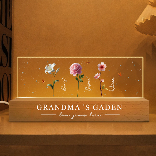 Grandma's Garden 3D Effect Birth Month Flowers Personalized Acrylic Block LED Night Light, Mother's Day Gift For Grandma, Mom