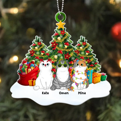 Fluffy Cats Sitting On Snow Christmas Tree Personalized Acrylic Ornament