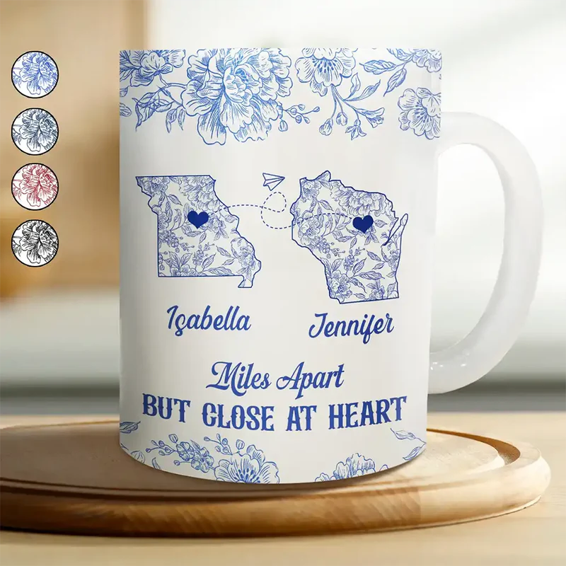 Miles Apart But Close At Heart Toile Pattern - Personalized White Edge-to-Edge Mug