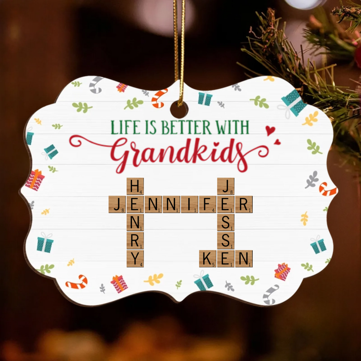 Life Is Better With Grandkids Crossword Puzzle Personalized Wooden Ornament, Christmas Gift for Grandma, Grandkids