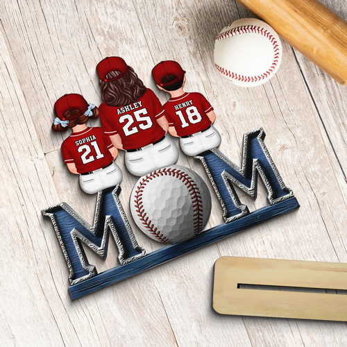 Baseball, Softball Mom And Kids Sitting On Text Personalized Standing Wooden Plaque, Gift for Wife, Gift for Mom