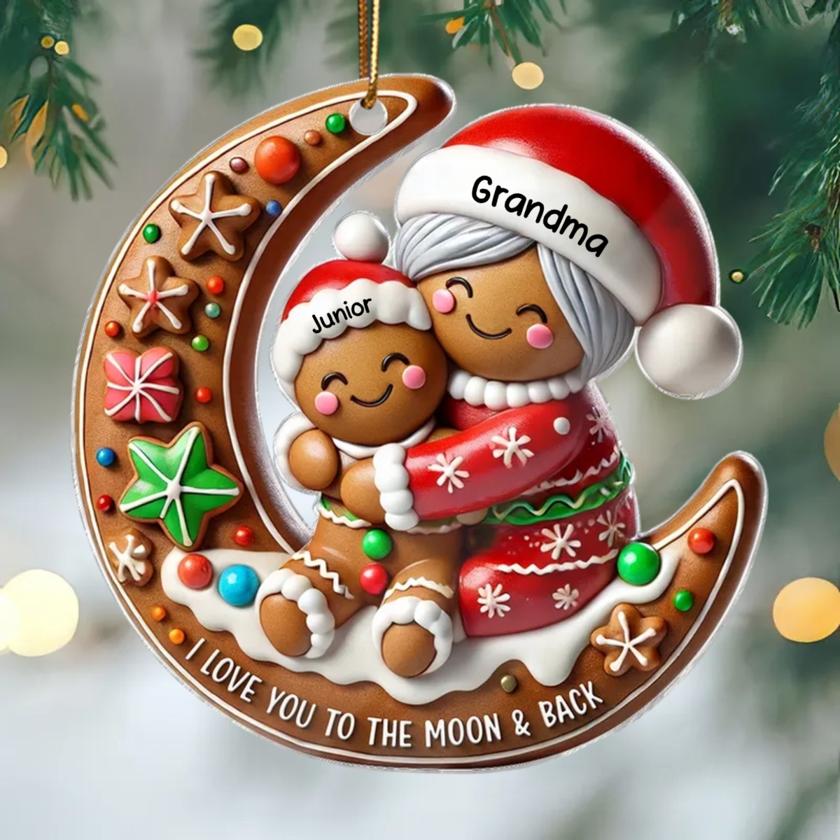 3D Effect Gingerbread Grandma Hugging Grandkid On Moon Christmas Personalized Acrylic Ornament, Meaningful Gift For Granddaughter, Grandson