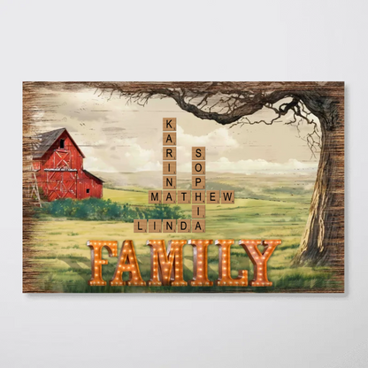 Family Farmhouse Tree Crossword Puzzle Art Personalized Poster, Gift For Mom, Dad, Husband, Wife