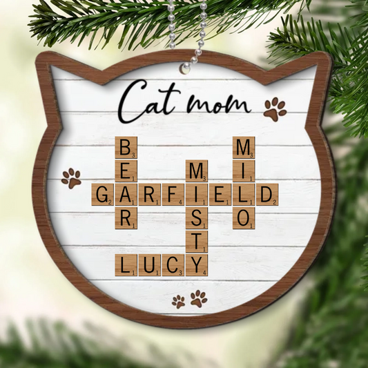 Cat Lover Gift Crossword Puzzle Art Personalized Wooden Ornament [Can add up to 20 cat names]