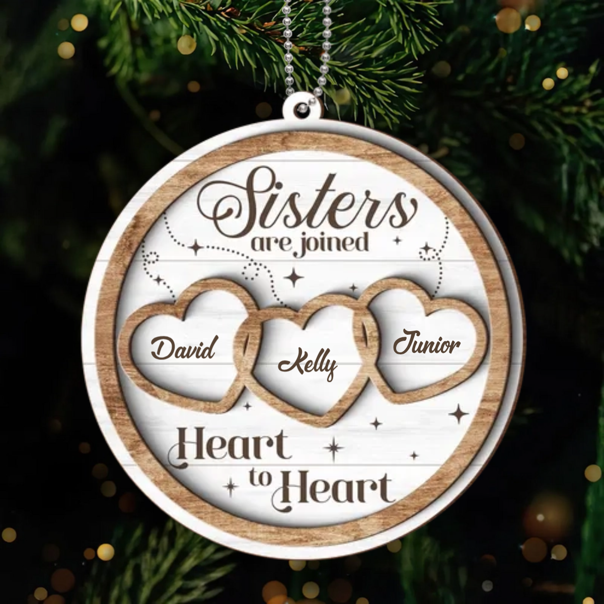 Sisters Are Joined Heart To Heart Christmas Personalized Wooden Ornament, Christmas Gift For Sisters, Siblings