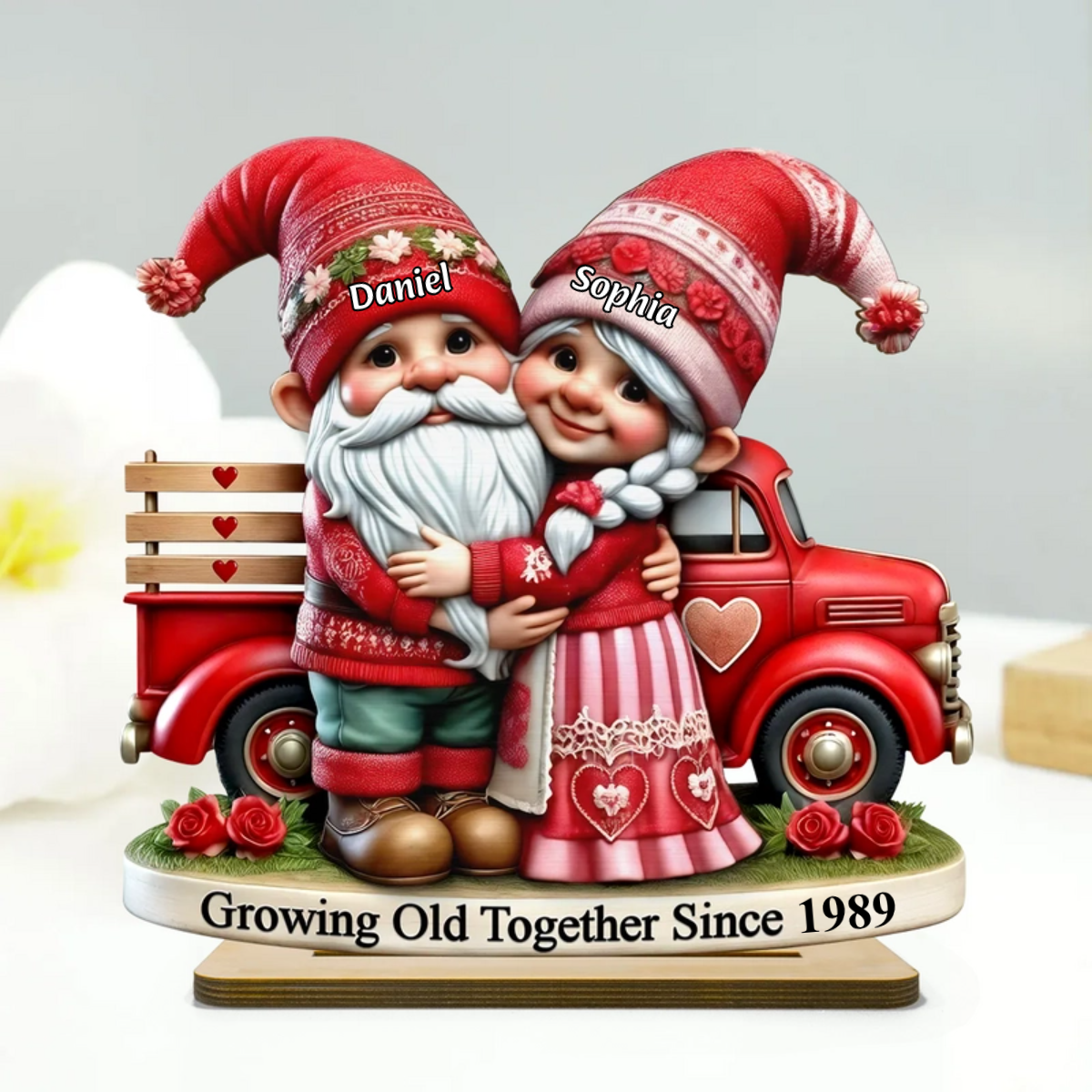 3D Effect Gnome Couple Valentine Truck Personalized Standing Wooden Plaque, Heartfelt 2025 Valentine's Day Gift For Couple, For Him, For Her, Husband, Wife