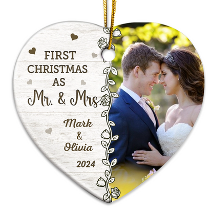 Custom Photo First Christmas Married - Personalized Heart Acrylic Ornament