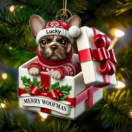 Cute Frenchie Inside Red Gift Box Personalized 2D Flat Acrylic Ornament, Christmas Gift for Dog Lovers