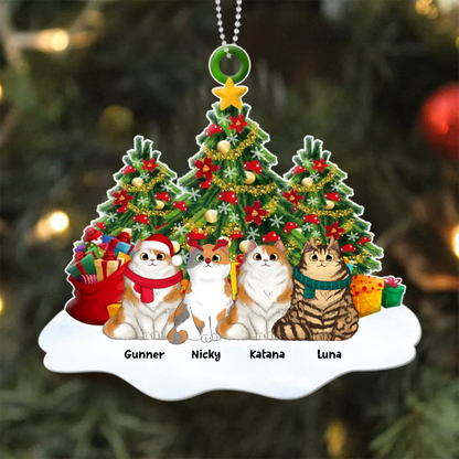 Fluffy Cats Sitting On Snow Christmas Tree Personalized Acrylic Ornament