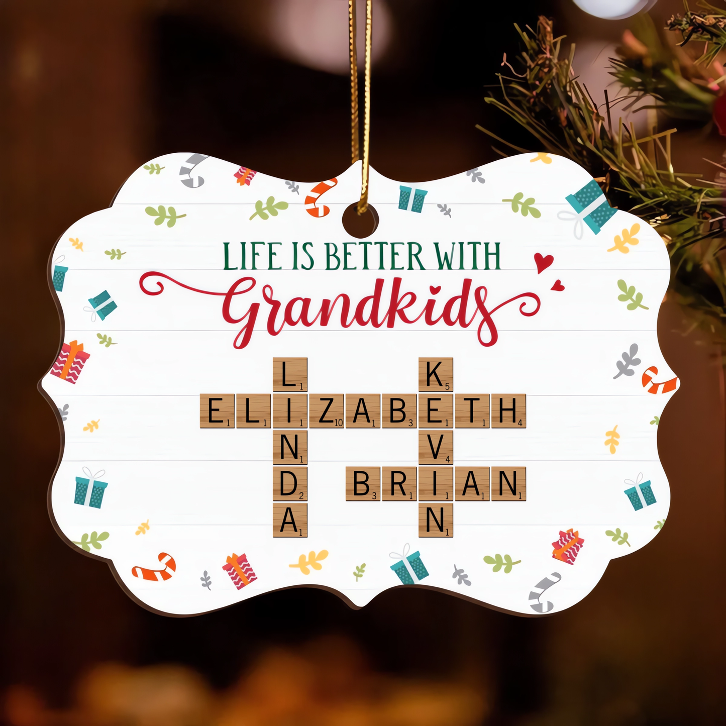 Life Is Better With Grandkids Crossword Puzzle Personalized Wooden Ornament, Christmas Gift for Grandma, Grandkids