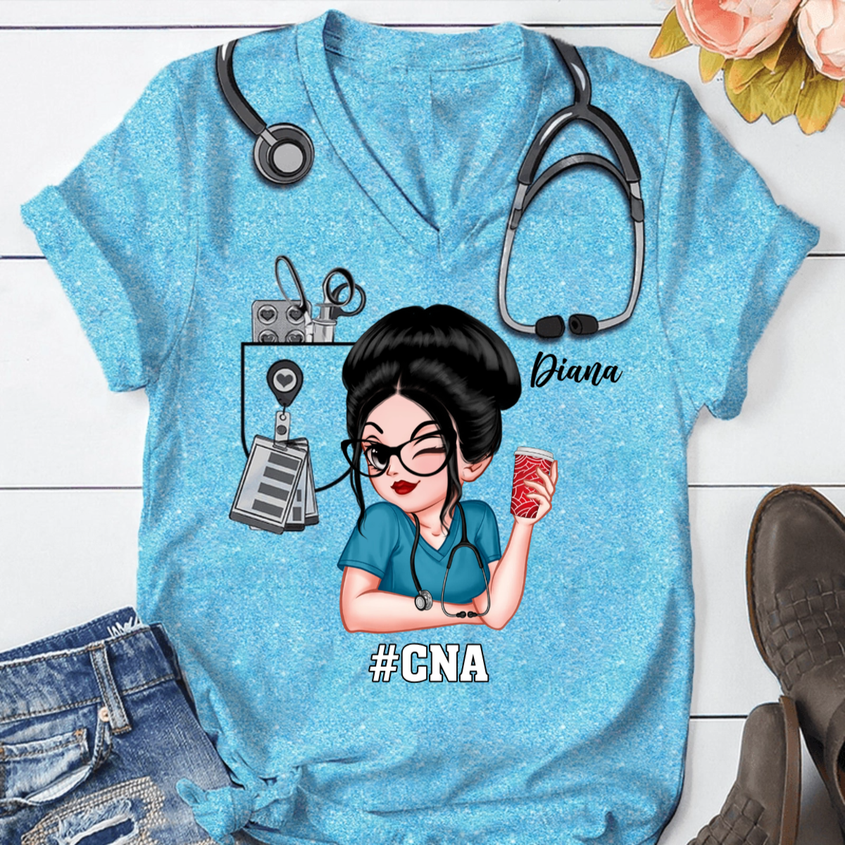 Pretty Doll Nurse Scrub CNA RN Healthcare Worker Personalized V-neck 3D T-shirt