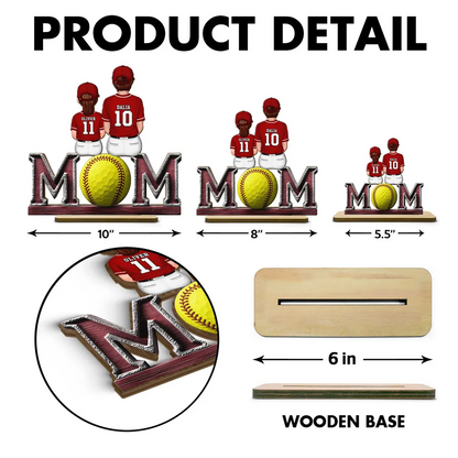 Baseball, Softball Mom And Kids Sitting On Text Personalized Standing Wooden Plaque, Gift for Wife, Gift for Mom