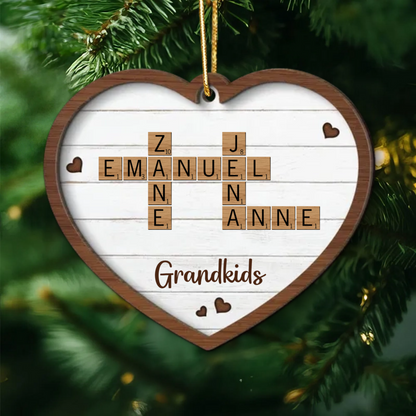 Grandkids Crossword Puzzle Art Personalized Heart Shaped Wooden Ornament, Christmas Gift For Grandma, Gift For Mom