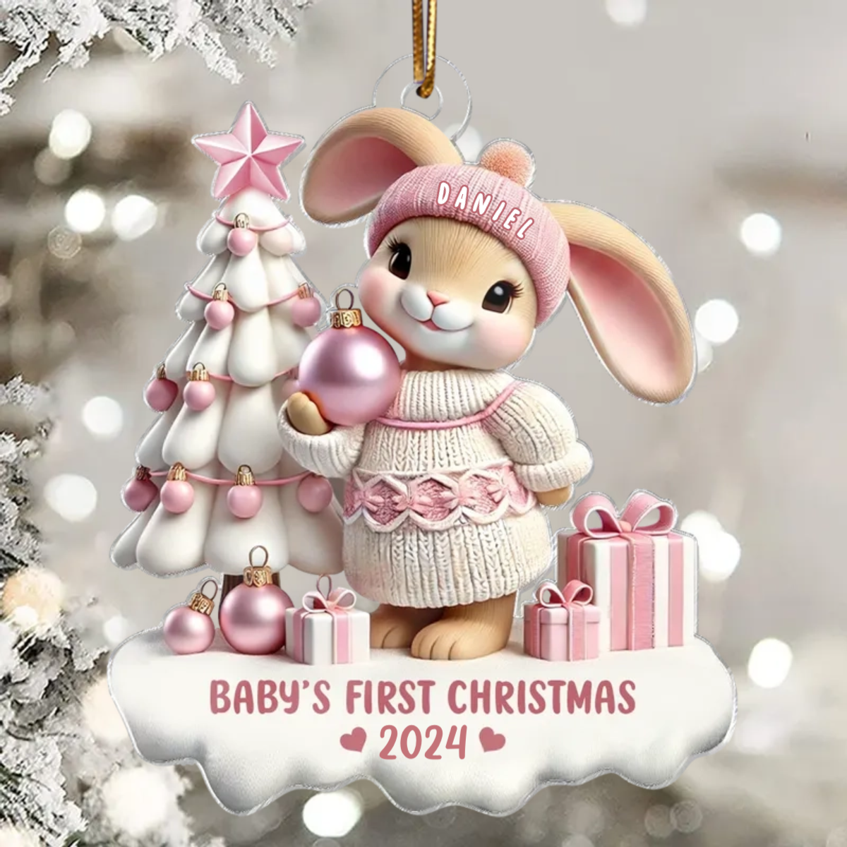 3D Effect Cute Bunny Baby's First Christmas Personalized Acrylic Ornament, Christmas Gift For Newborns, New Grandparents