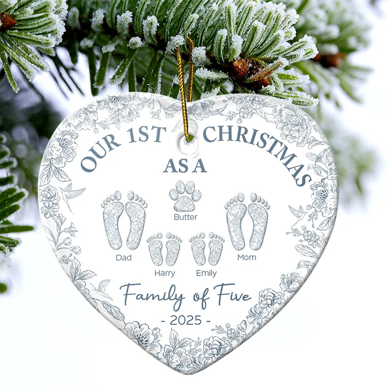 First Christmas As A Family Of Four Toile Footprints - Personalized Heart Acrylic Ornament