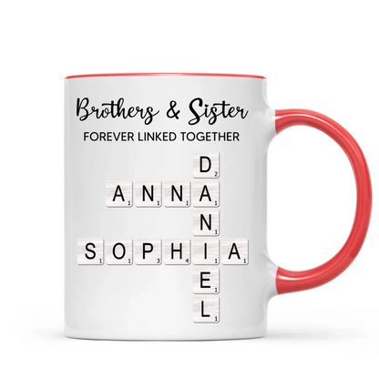 Brothers & Sisters Forever Linked Together Crossword Puzzle Art Personalized Mug, Gift For Brothers, Sisters, Siblings, Family