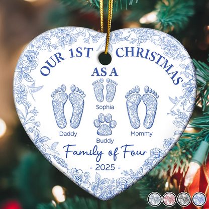 First Christmas As A Family Of Four Toile Footprints - Personalized Heart Acrylic Ornament