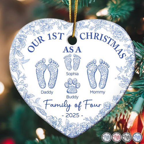 First Christmas As A Family Of Four Toile Footprints - Personalized Heart Acrylic Ornament