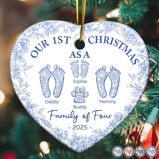 First Christmas As A Family Of Four Toile Footprints - Personalized Heart Acrylic Ornament