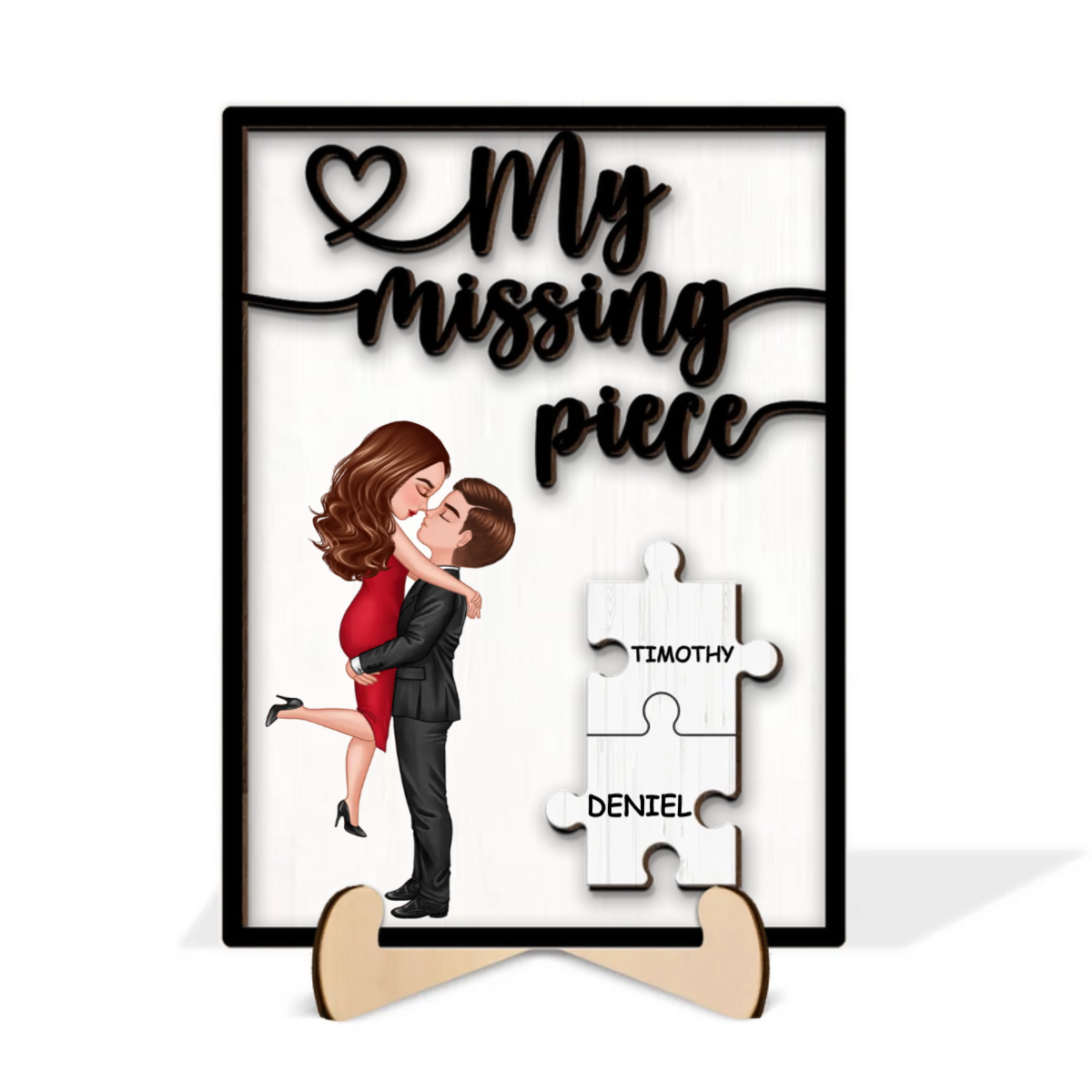 My Missing Piece Hugging Kissing Couple Personalized 2-Layer Wooden Plaque, Anniversary Gift For Couple, For Dad Mom