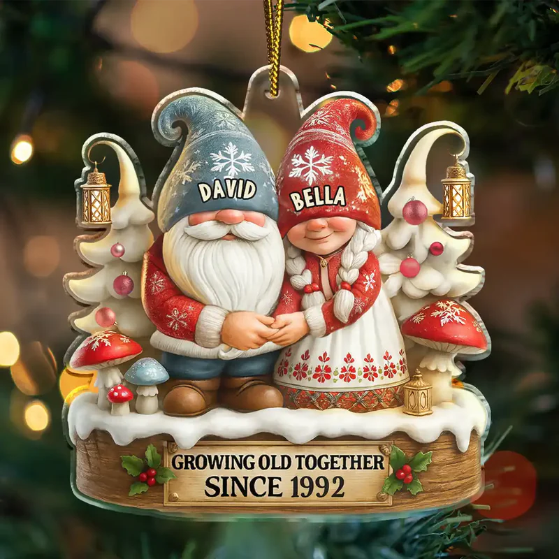 3D Effect Gnome Couple Growing Old Together - Personalized Custom Shaped Acrylic Ornament