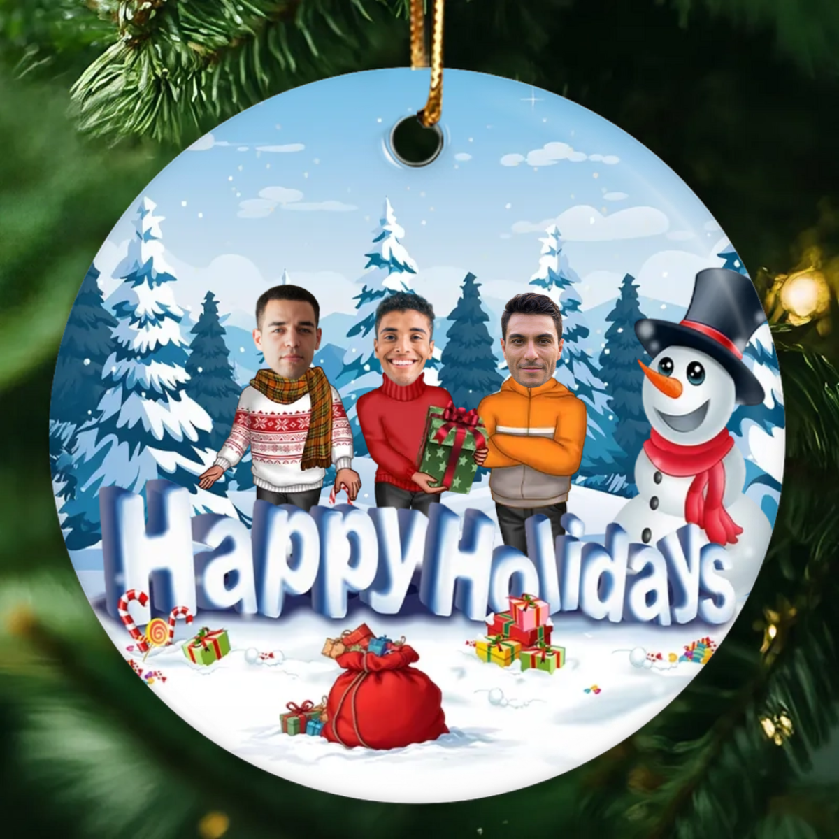 Happy Holiday Funny Family, Custom Photo Ornament, Personalized Family Photo Circle Christmas Ornament, Family Keepsake