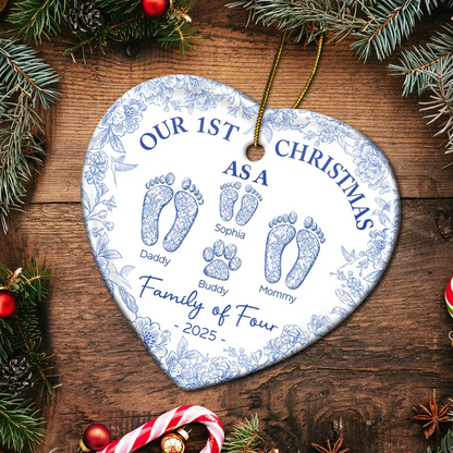 First Christmas As A Family Of Four Toile Footprints - Personalized Heart Acrylic Ornament