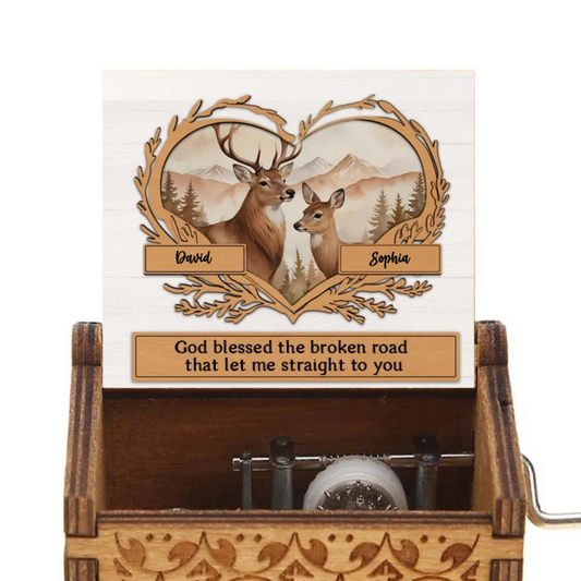 Deer Couple Heart Forest God Blessed The Road Personalized Music Box, Valentine's Day Gift, Anniversary Gift For Couples