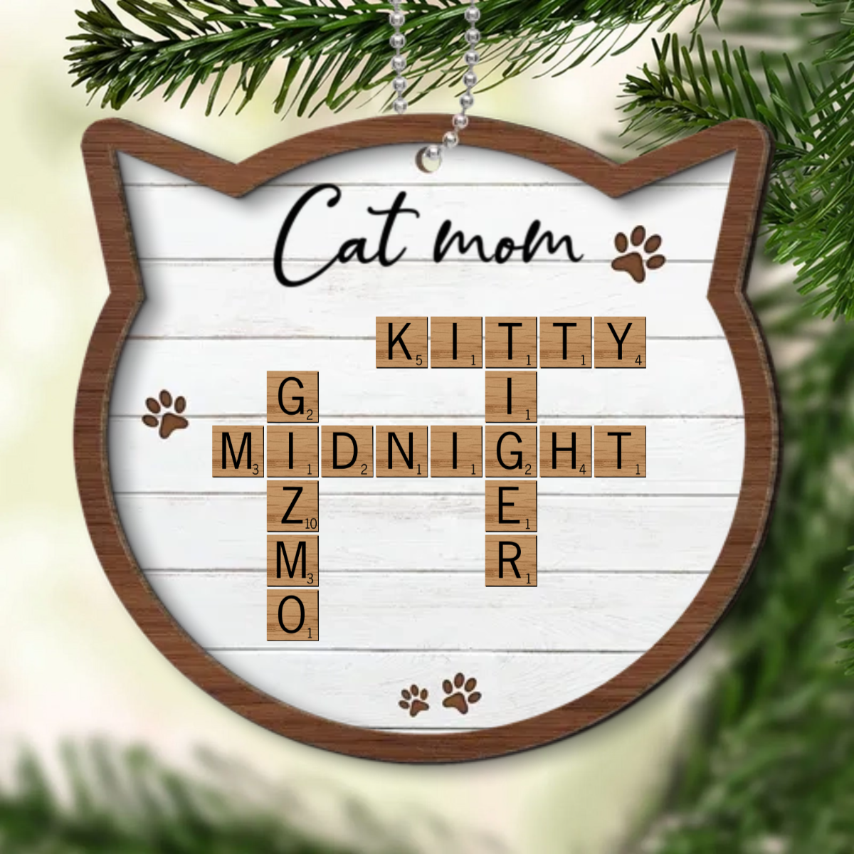 Cat Lover Gift Crossword Puzzle Art Personalized Wooden Ornament [Can add up to 20 cat names]