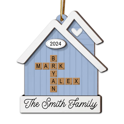 House Shaped Family Names Puzzle Crossword Personalized Wooden Ornament, Christmas Gift For Family