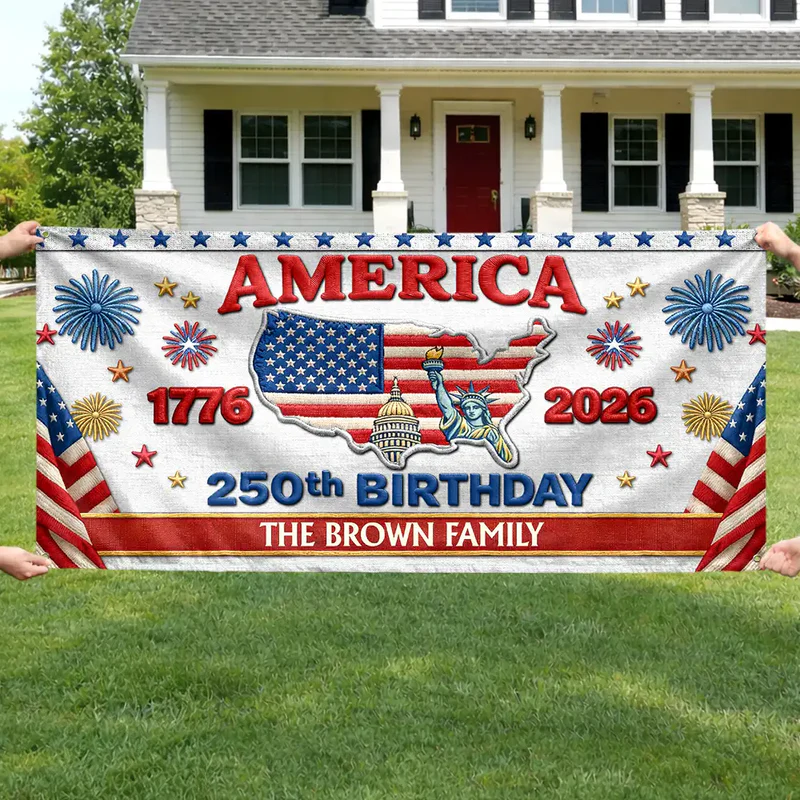 Faux Embroidery Effect 250th Birthday America Family Name - Personalized Horizontal Banner