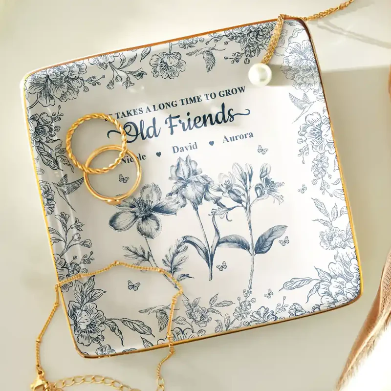 Grow An Old Friend Toile Birth Flower - Personalized Ring Dish