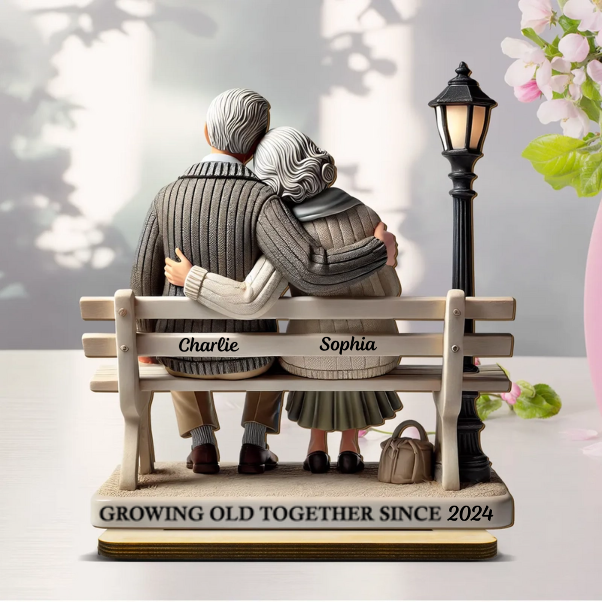 3D Effect Old Couple Sitting On Bench At The Park Personalized Standing Wooden Plaque, Heartfelt Gift For Couple, For Him, For Her, Husband, Wife