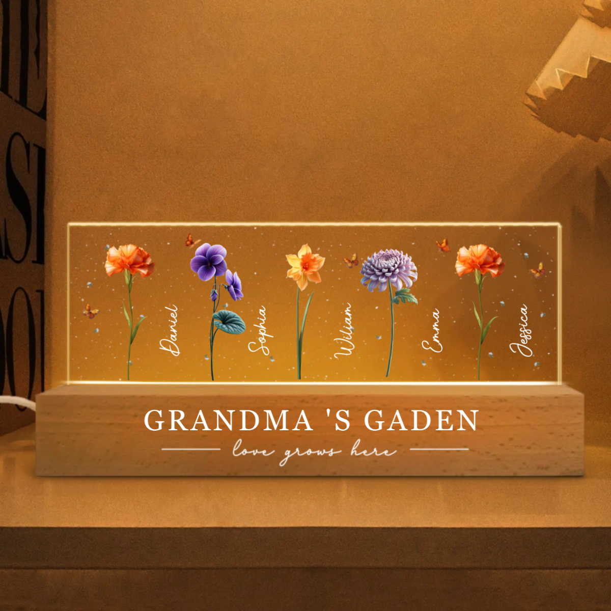Grandma's Garden 3D Effect Birth Month Flowers Personalized Acrylic Block LED Night Light, Mother's Day Gift For Grandma, Mom
