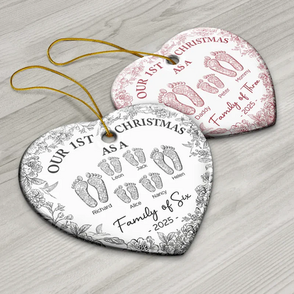 First Christmas As A Family Of Four Toile Footprints - Personalized Heart Acrylic Ornament