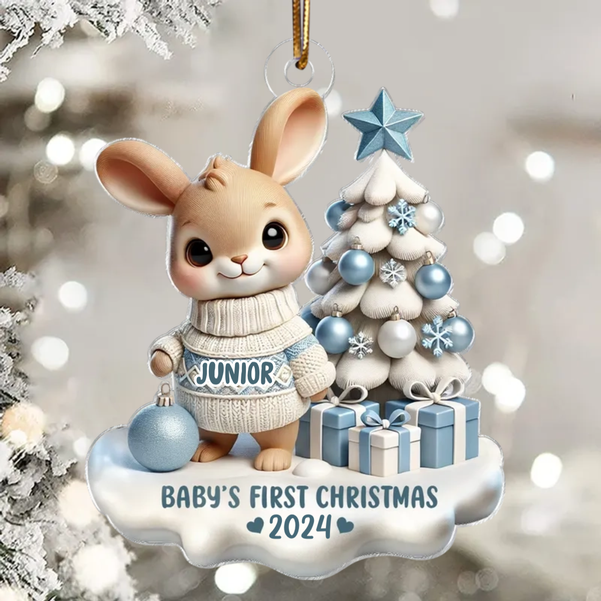 3D Effect Cute Bunny Baby's First Christmas Personalized Acrylic Ornament, Christmas Gift For Newborns, New Grandparents