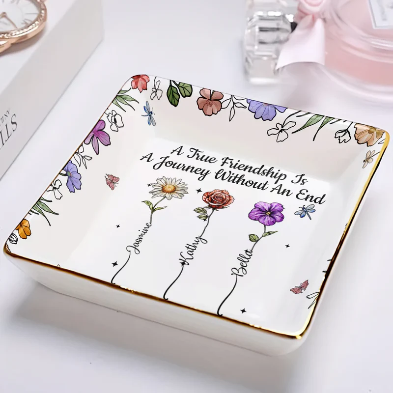 A True Friendship Is A Journey Without An End Birth Flower - Personalized Ring Dish