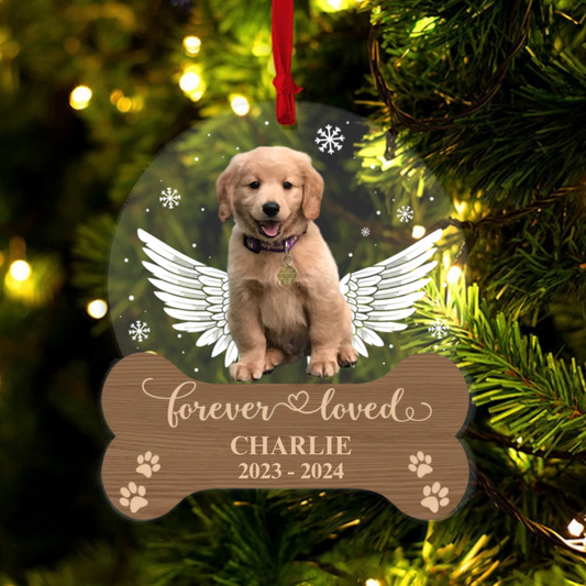 Forever Loved - Personalized Christmas Photo Upload Gifts Custom Memorial Acrylic Ornament for Loss of Pet, Dog Cat Loss Sympathy Gifts