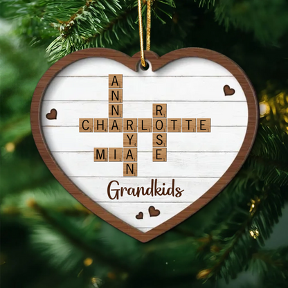 Grandkids Crossword Puzzle Art Personalized Heart Shaped Wooden Ornament, Christmas Gift For Grandma, Gift For Mom