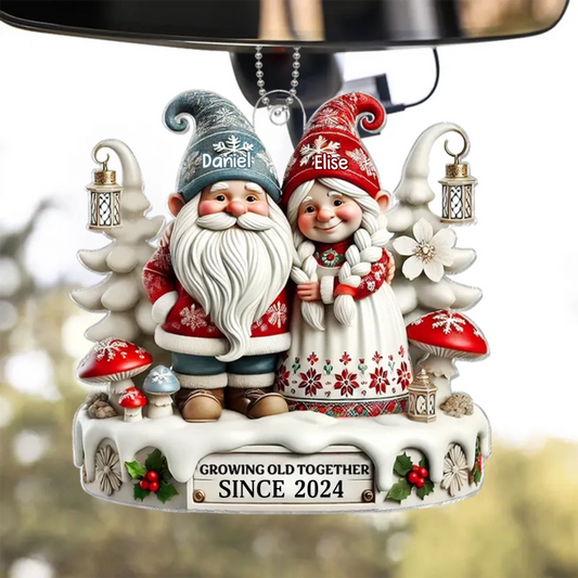 3D Effect Gnome Couple Together Personalized Acrylic Car Hanger Ornament, Valentine's Gift For Couple, For Him, For Her, Husband, Wife