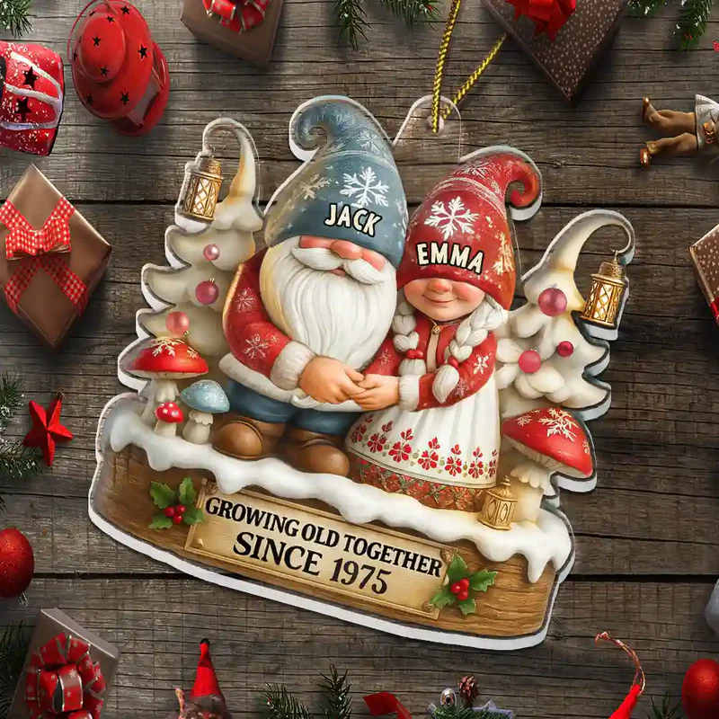 3D Effect Gnome Couple Growing Old Together - Personalized Custom Shaped Acrylic Ornament