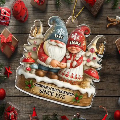3D Effect Gnome Couple Growing Old Together - Personalized Custom Shaped Acrylic Ornament