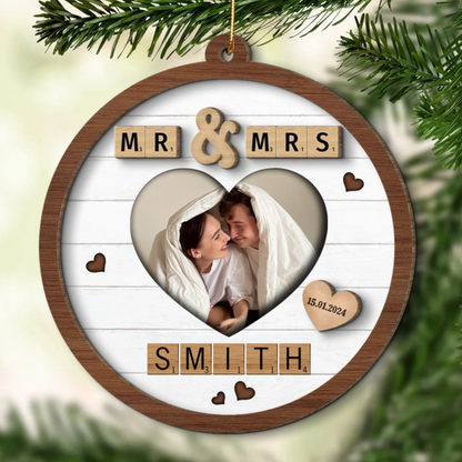 Mr & Mrs First Christmas Engaged Married Word Art Personalized Wooden Ornament