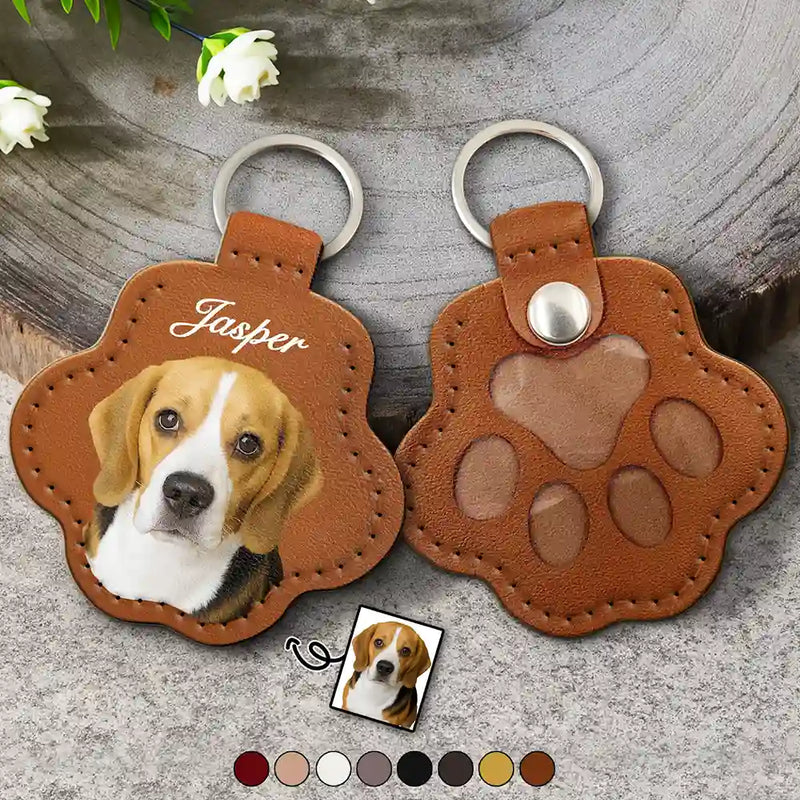 Custom Photo Dog Cat Pet Portrait - Personalized Paw Shaped Leather Keychain With Stitching