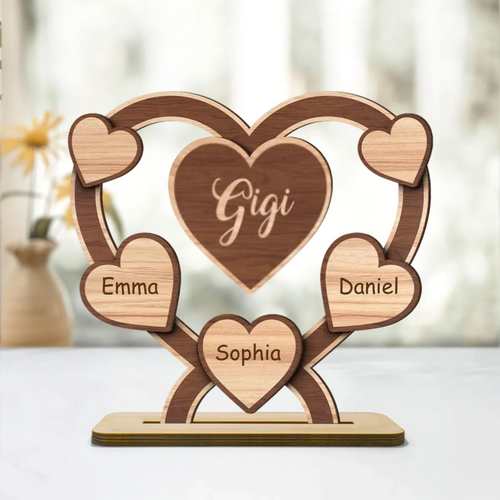 Grandma Mom Hearts Personalized 2-Layered Standing Wooden Plaque, Mother's Day Gift