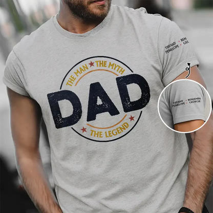 Dad Papa The Man The Myth The Legend Retro Logo With Names On Sleeves - Personalized T Shirt