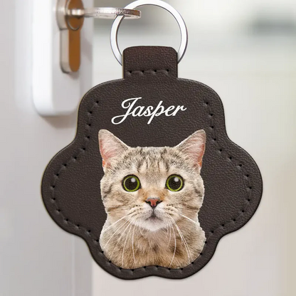 Custom Photo Dog Cat Pet Portrait - Personalized Paw Shaped Leather Keychain With Stitching