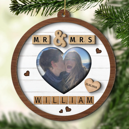 Mr & Mrs First Christmas Engaged Married Word Art Personalized Wooden Ornament