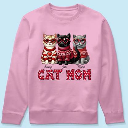 Cat Mom Valentine Pattern Personalized Shirt, Valentine's Day Gift for Cat Moms