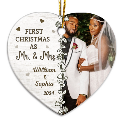 Custom Photo First Christmas Married - Personalized Heart Acrylic Ornament